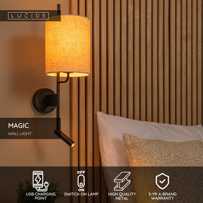 Lucide MAGIC - Wall light - 1xE27 - With USB charging point - Black